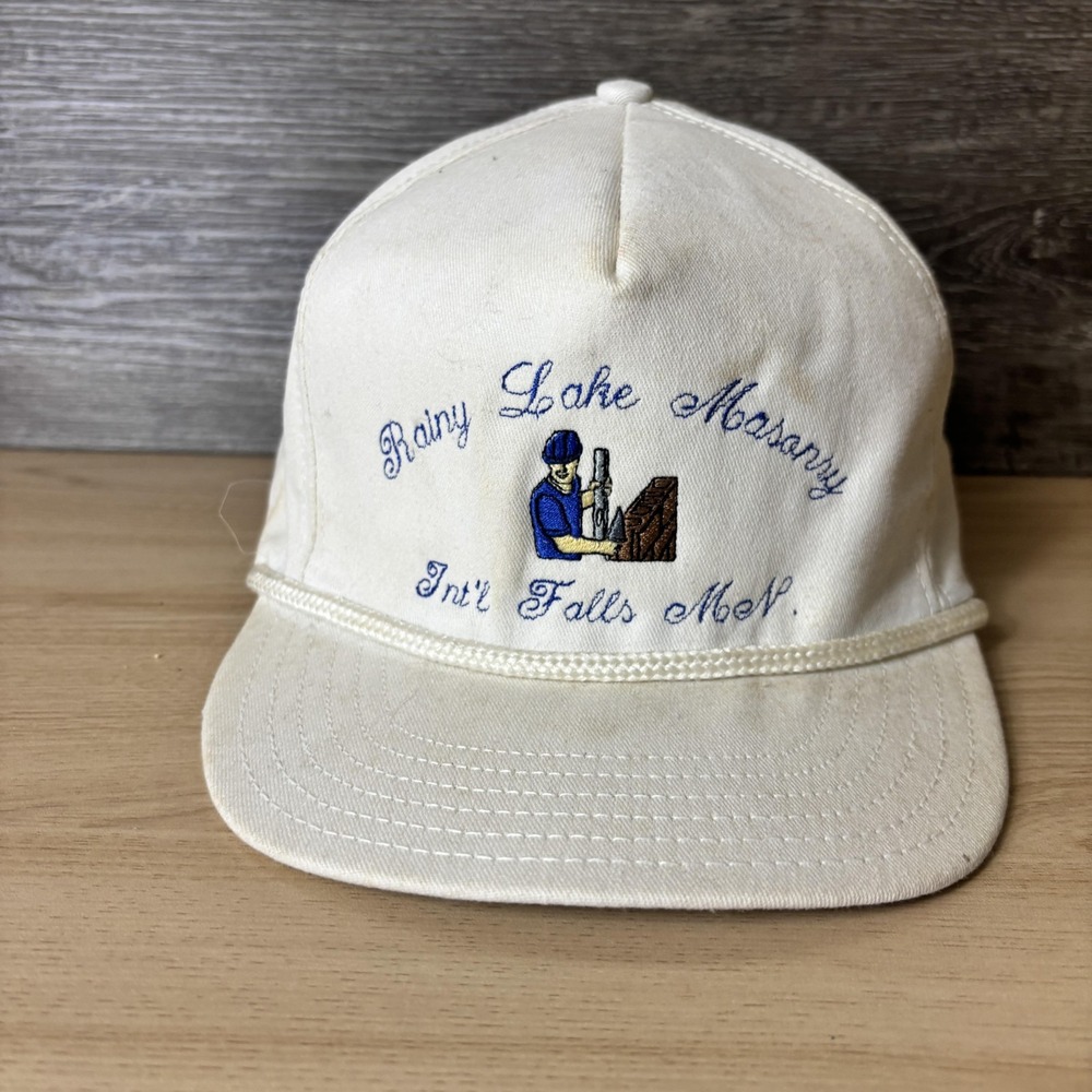 Vintage Rainy Lake Masonry Hat Cap Strap Back Embroidered Mens USA 90s
